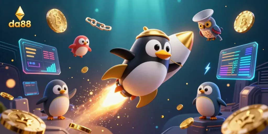 Join the excitement at da88 with a rocket-powered penguin navigating a cosmic casino adventure!