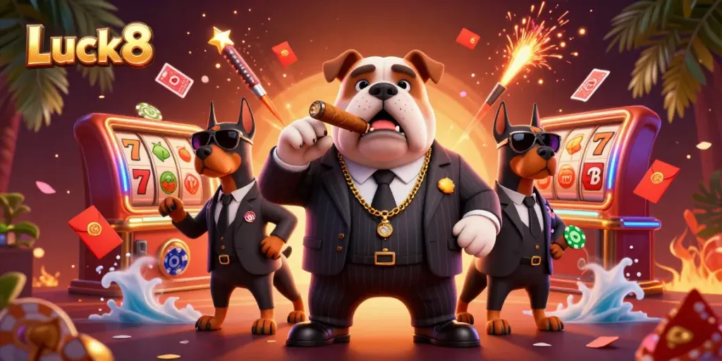 Experience the thrill of Luck8 with a mafia boss bulldog and Doberman bodyguards amidst casino elements.