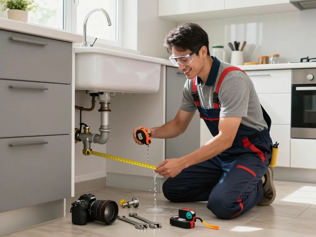 Professional plumber inspecting a kitchen sink during plumbing service, showcasing expertise and tools.