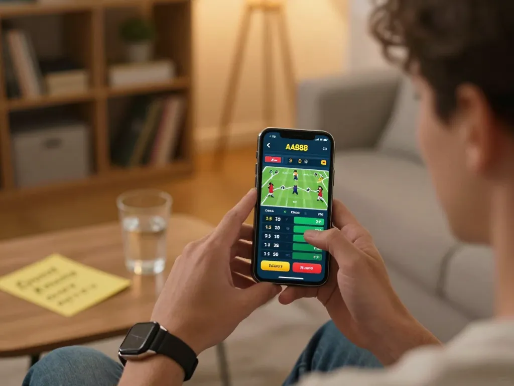 Player engaging with AA888 mobile betting app, showcasing strategic gameplay in a cozy home setting.