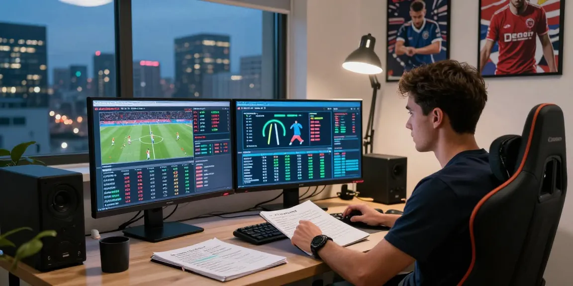 Focused bettor analyzing soccer match statistics and giai ma keo nha cai in a modern home office.
