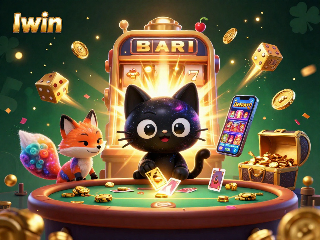 Iwin showcases a dynamic cosmic casino scene with a black hole cat and colorful elements.