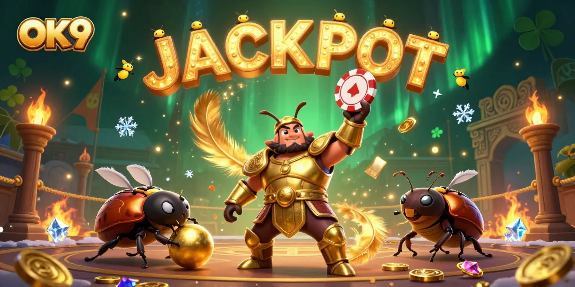 Experience jackpot excitement with OK9 at this vibrant 3D casino scene featuring unique characters.