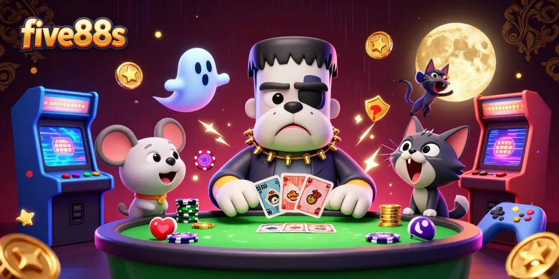 Engage in thrilling gaming action with five88s as a Frankenstein bulldog deals cards at a haunted table.