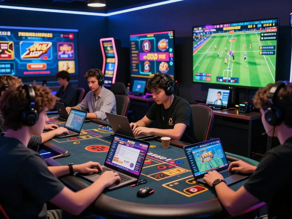 A diverse group of players enjoying various games on the NK88 platform, showcasing dynamic online gaming atmosphere.
