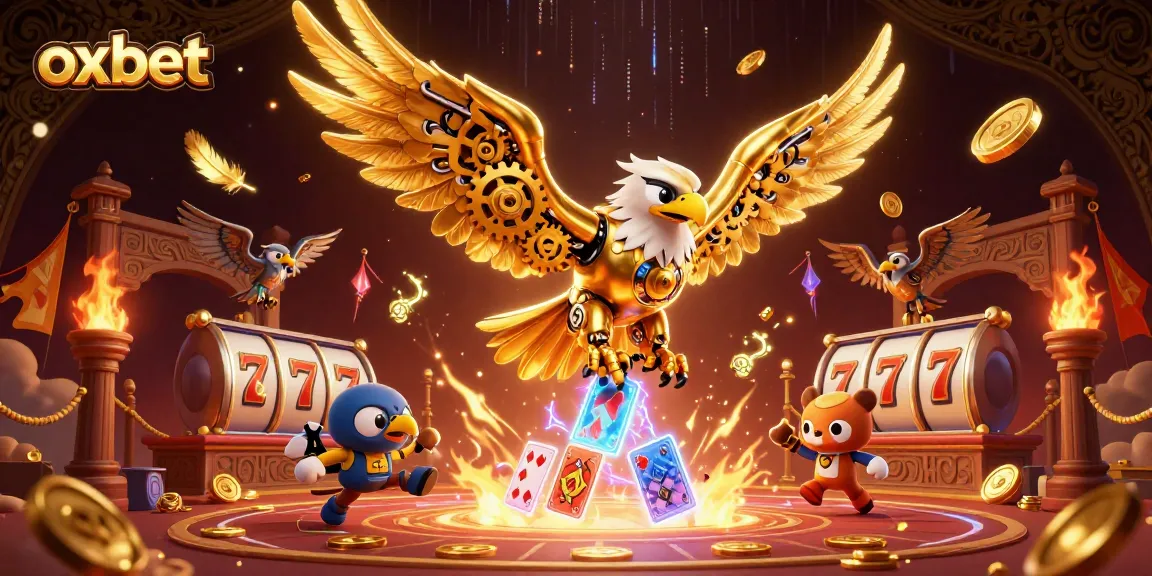 Experience thrilling game action with oxbet's vibrant 3D eagle diving through holographic cards and slot reels.