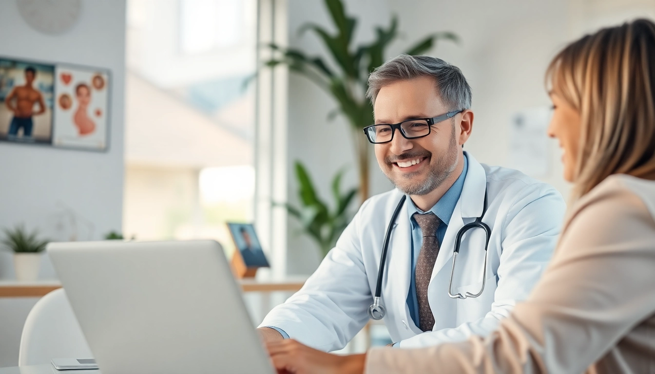 Talk to a doctor online without appointment in a modern healthcare setting with doctor and patient interaction.