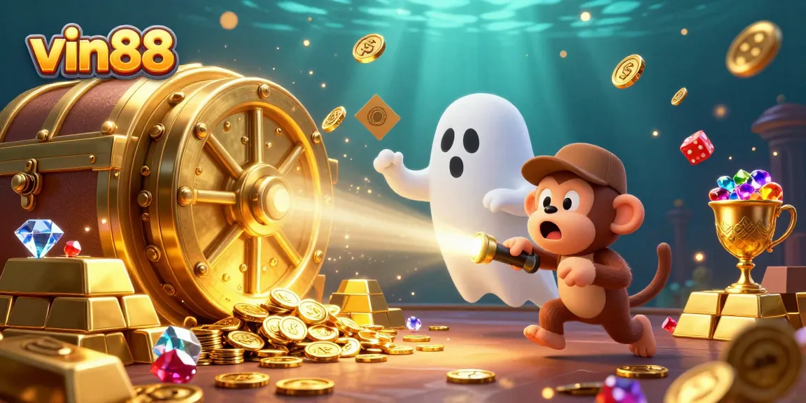 Experience the thrilling gameplay of vin88 in a lively casino scene filled with gold treasures and animated characters.
