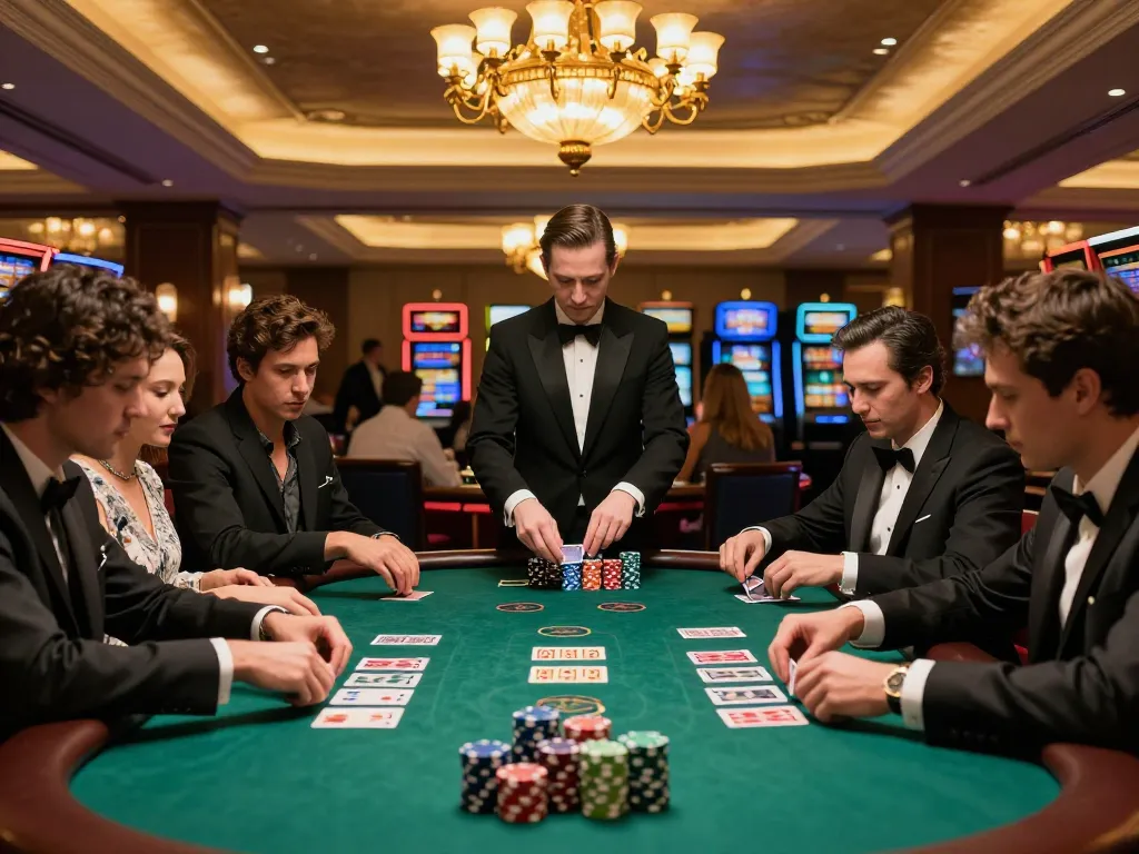 Players engaging in a thrilling game of blackjack at Oxbet's luxurious casino, showcasing strategy and excitement.