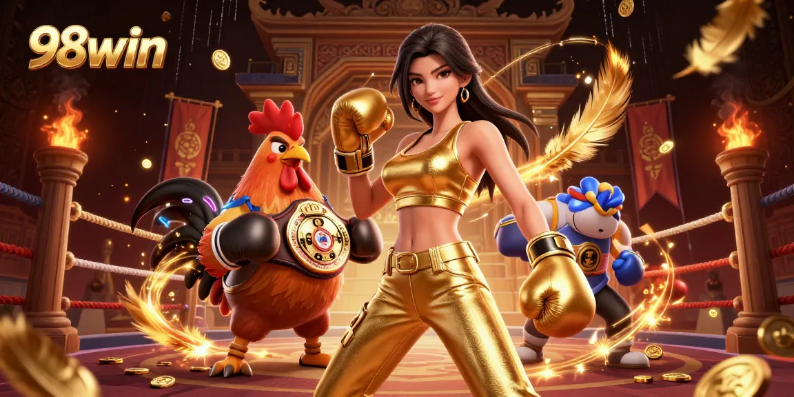 Engage with 98win in a dynamic 3D digital illustration showcasing a powerful female fighter and a championship rooster.