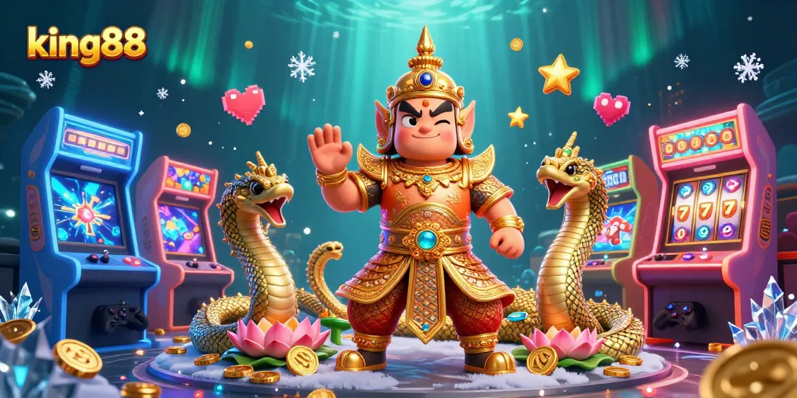 Experience king88's vibrant gaming universe with a friendly yaksha and Naga companions amid glowing slot reels.