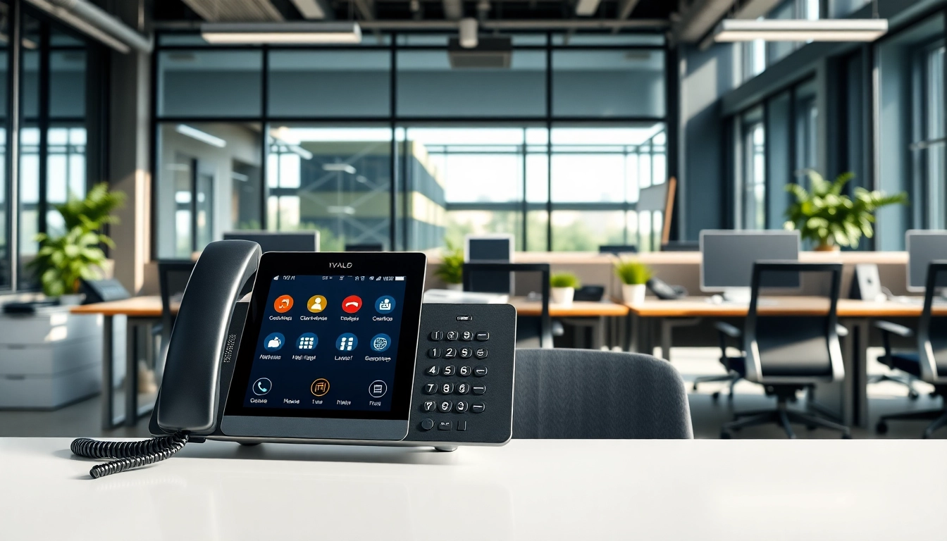 Showcasing business phone systems in a modern office setup with vibrant colors and sleek technology.