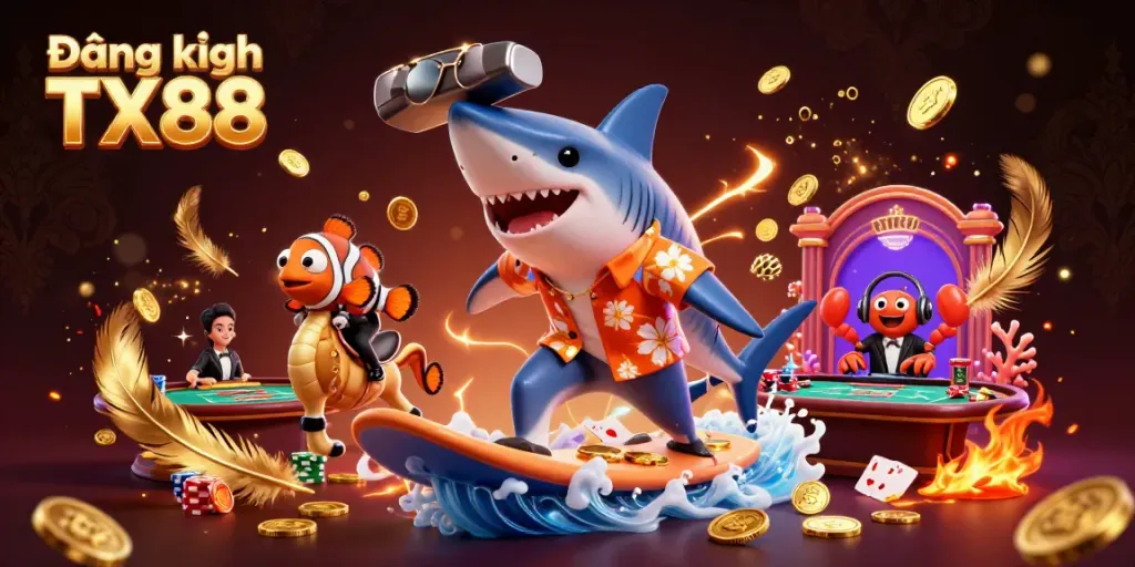 Join the action at Đăng ký TX88 with a vibrant illustration of casino elements and characters celebrating on gold coins.