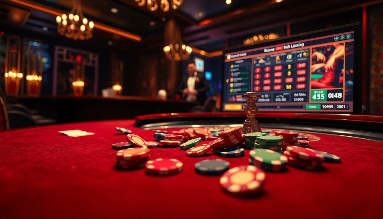 Exciting casino scene with poker chips and uu88 interface, showcasing luxury gambling.