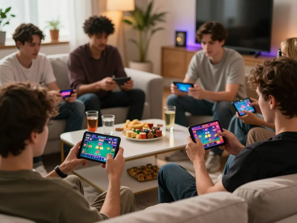 Players enjoying MK8 online poker on mobile devices in a cozy social setting