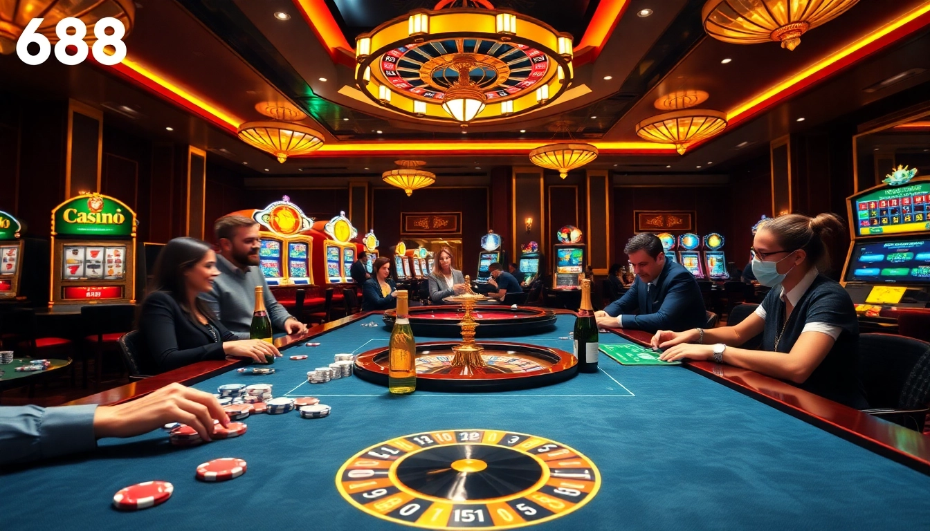 688v engages players at an exciting poker table with colorful chips and bright slot machines.