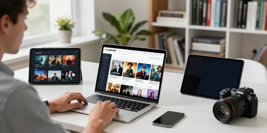 Baixe Youcine APK em um ambiente de home office moderno, com tela de filmes e séries.