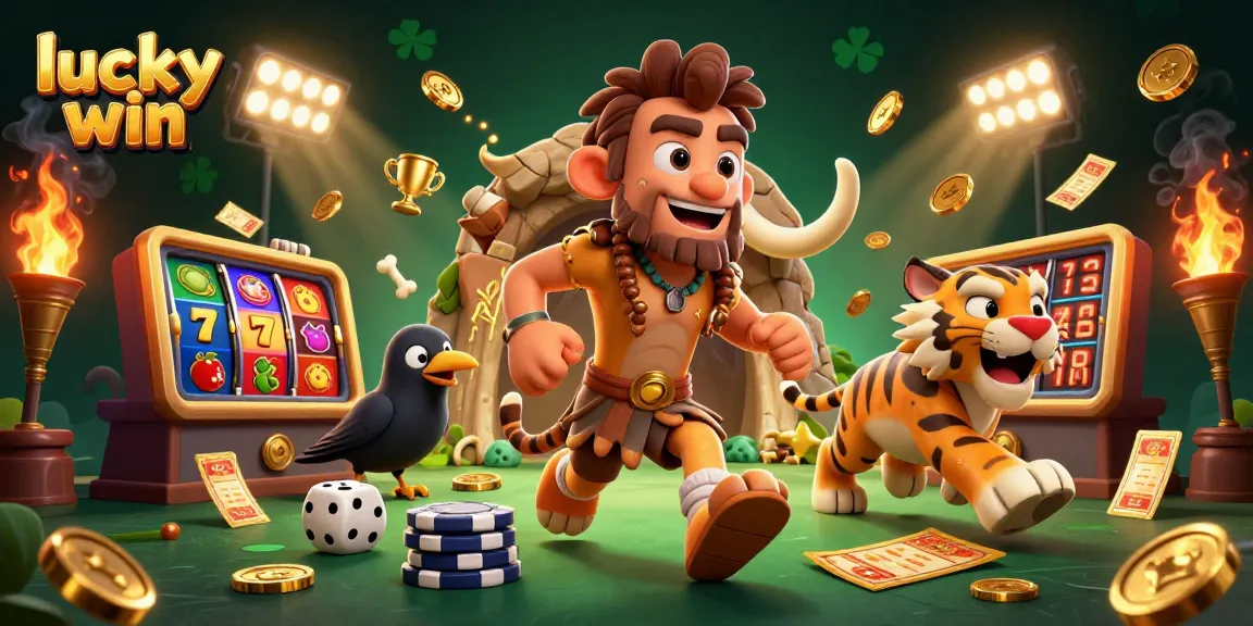 Experience the thrill of winning at Lucky Win's prehistoric casino with engaging characters and vibrant game elements.