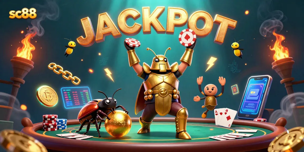 Experience sc88 thrills with a victory beetle lifting a poker chip, winning at the casino.