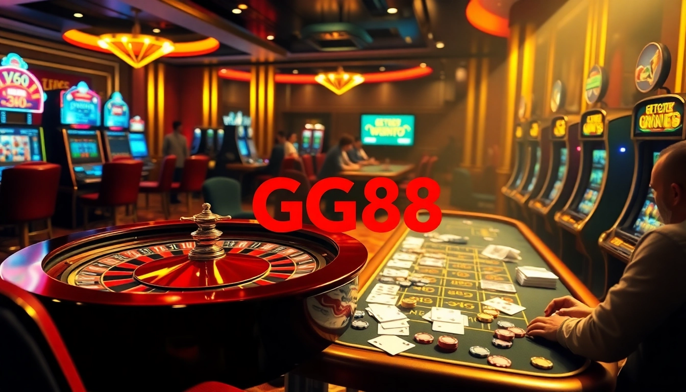 Engaging players at GG88 casino celebrating a big win with poker chips and roulette wheel.