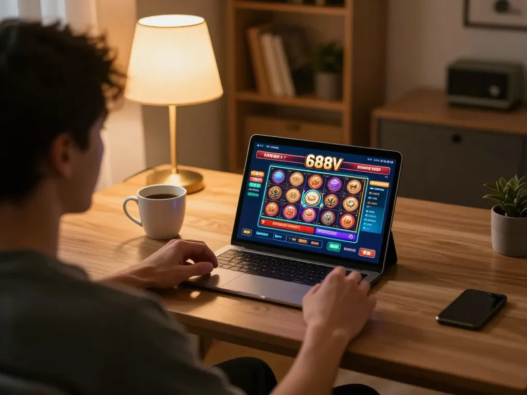Player enjoying a dynamic 688v online gaming session at home with a tablet and cozy atmosphere.