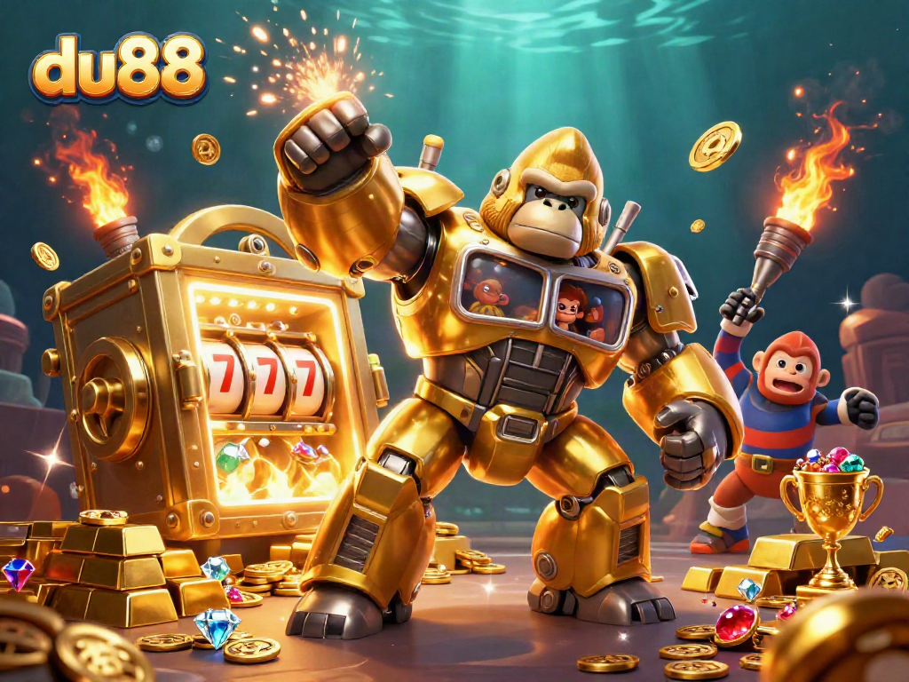 Dive into the excitement of du88 with a golden gorilla mech surrounded by treasures and slot machine elements.