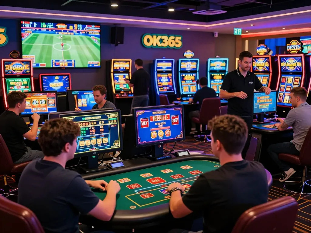 Engaged players enjoying online betting at OK365 in vibrant gaming environment.