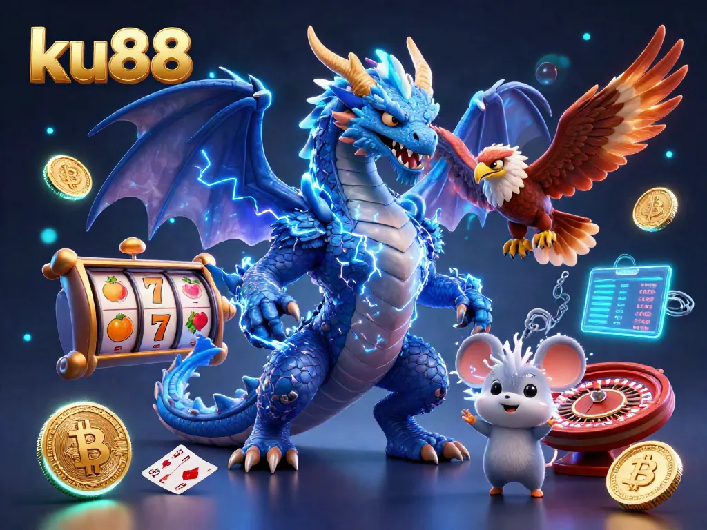 Engage in thrilling gameplay at ku88 with an electrifying image featuring dragon, hawk, and crypto elements.