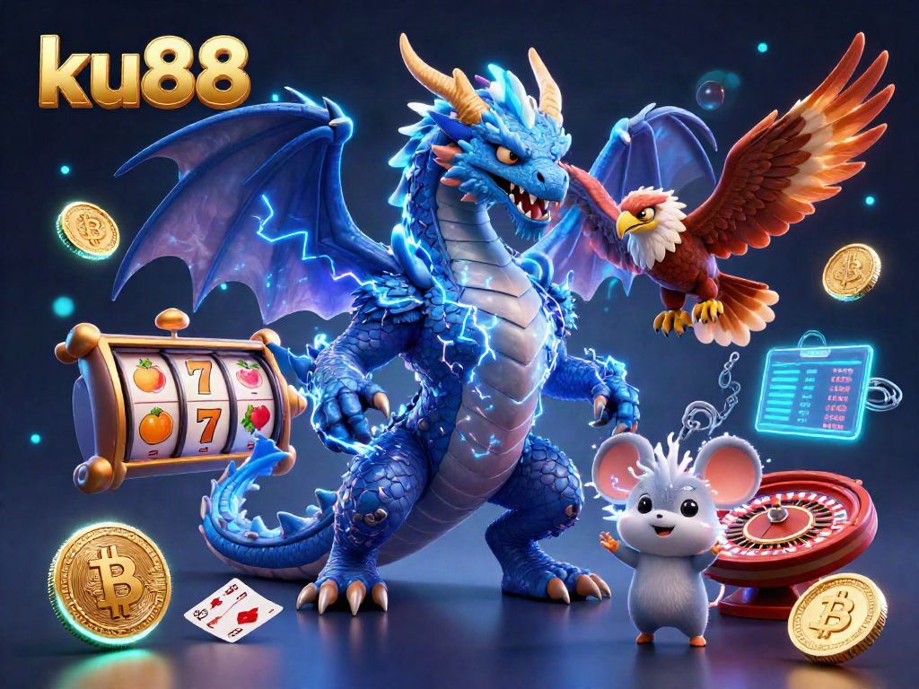 Engage in thrilling gameplay at ku88 with an electrifying image featuring dragon, hawk, and crypto elements.
