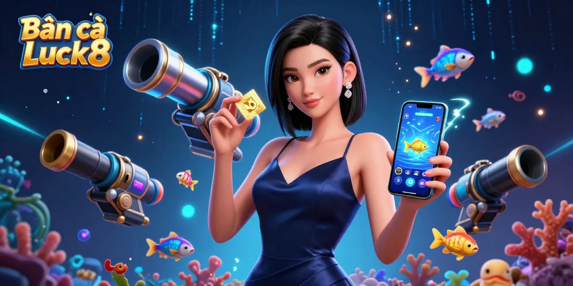 Bắn cá Luck8 brings thrilling underwater action with a confident player capturing prizes in an engaging fish shooting game.