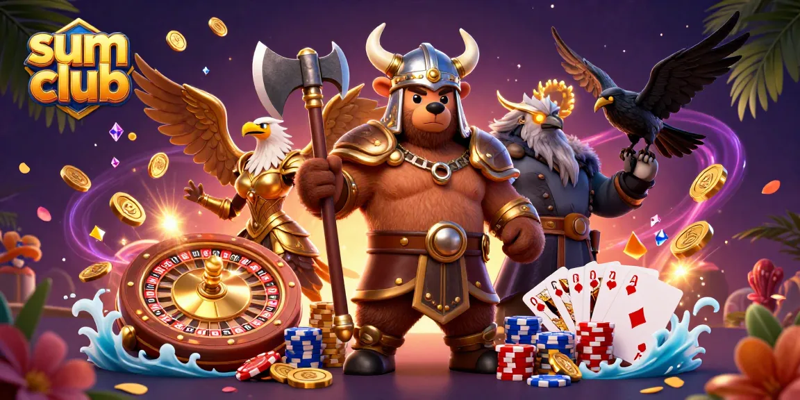 Engage with thrilling gameplay at sum club featuring vibrant 3D elements like coins, cards, and a roulette wheel.