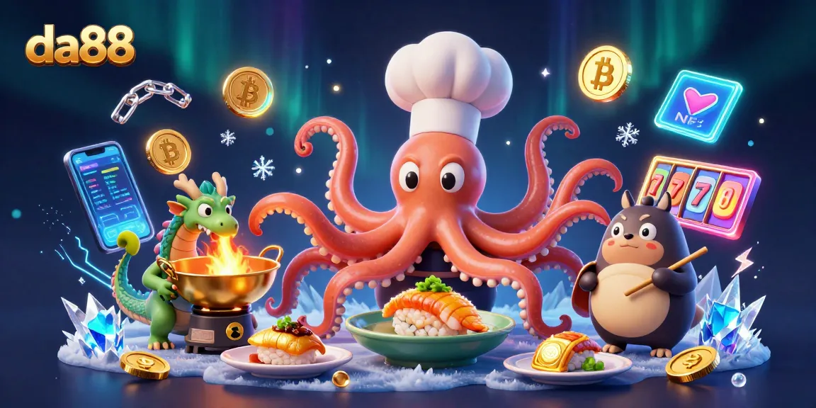 Engage with da88's vibrant casino scene featuring an octopus chef, dragon, and tanuki surrounded by dynamic gaming elements.
