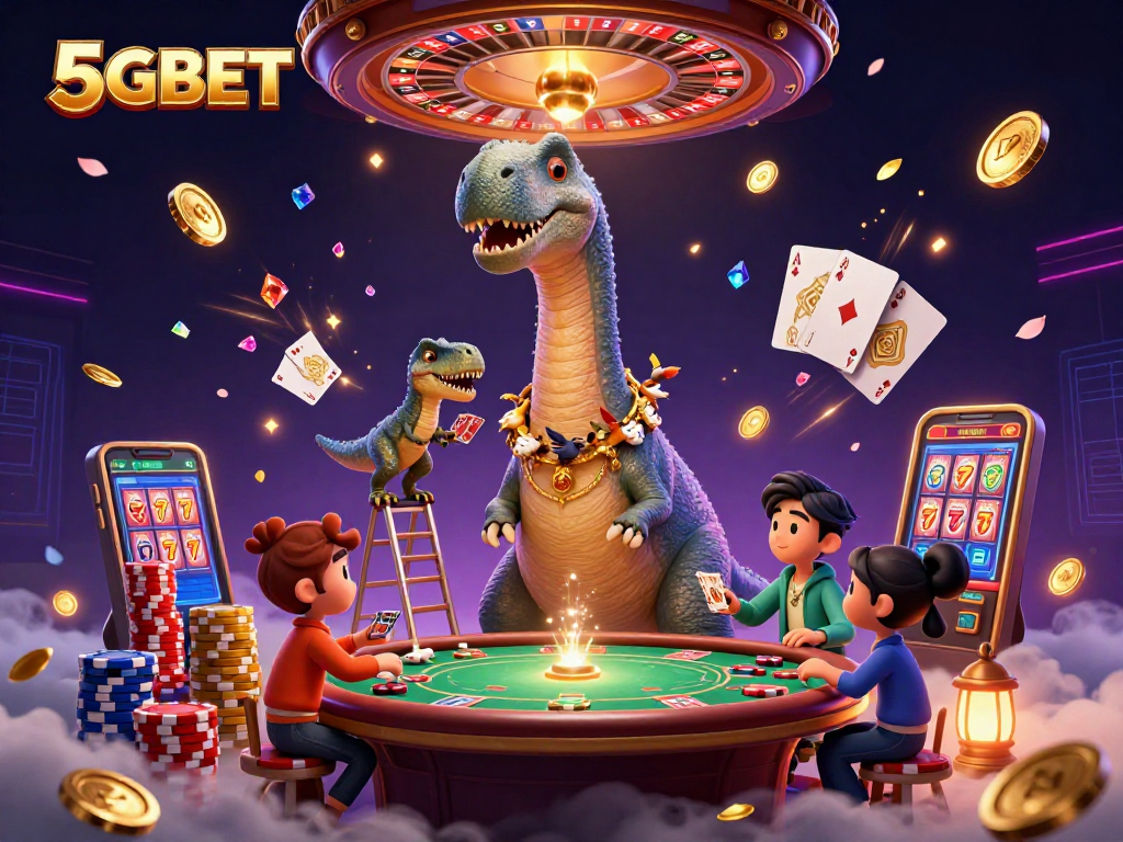Play slots and win jackpots at 5GBET with a fun dinosaur-themed gambling scene.