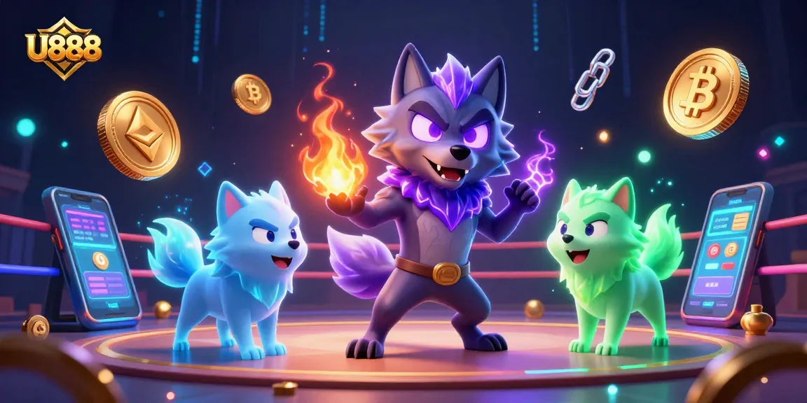 U888 cockfighting scene featuring glowing spirits, crypto coins, and vibrant energy effects