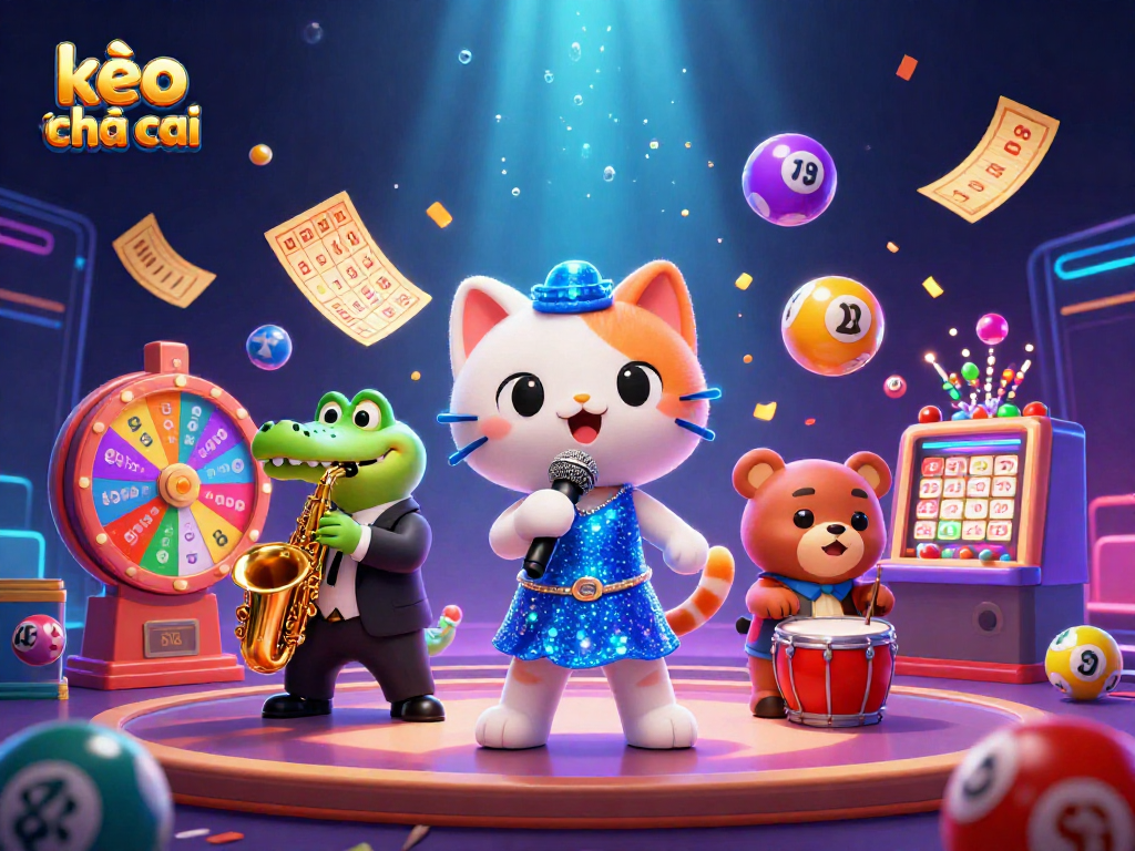 Engage with kèo nhà cái through a lively 3D scene showcasing casino-themed characters and vibrant gaming elements.
