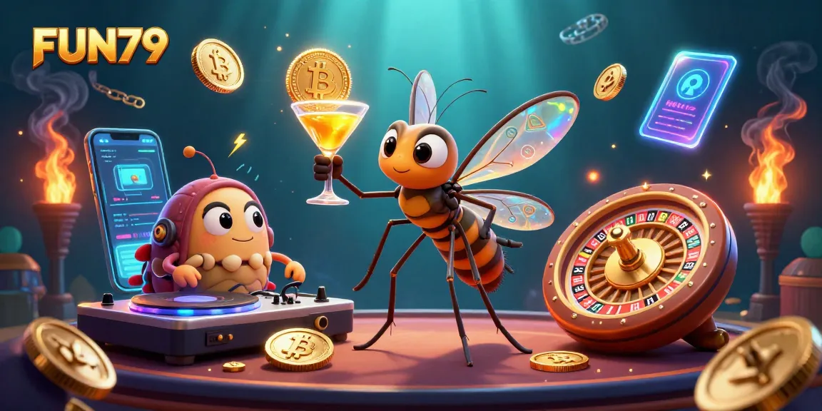 Experience thrilling gameplay at FUN79 with vibrant characters, golden casino elements, and glowing crypto symbols.
