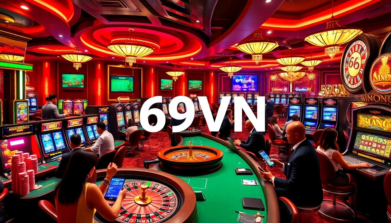 Engaging players at 69VN online casino with vibrant gaming tables and slot machines.