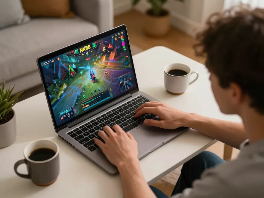 Engaging with the NK88 game on a laptop during a cozy home gaming session, highlighting strategy and enjoyment.