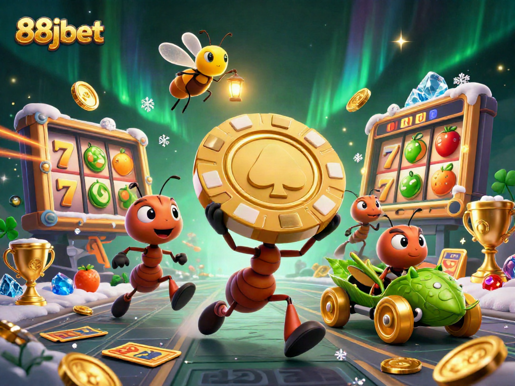 Experience thrilling action with 88jbet as ants carry a giant poker chip in a dynamic casino heist scene.