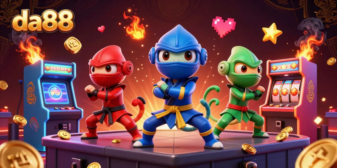 Engage with da88's vibrant 3D ninja chameleons amidst a casino-inspired arcade environment.