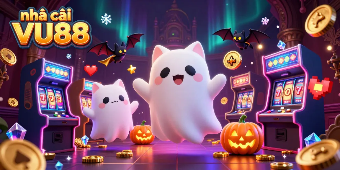 Engage with the vibrant world of nhà cái VU88 featuring a playful ghost cat in a lively casino scene.