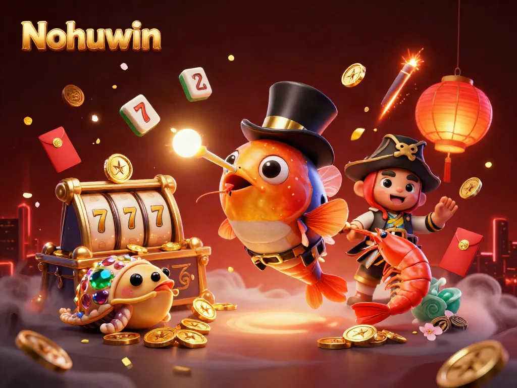 Nohuwin showcases a dynamic illustration featuring slots, a glowing anglerfish, and treasure amid festive elements.