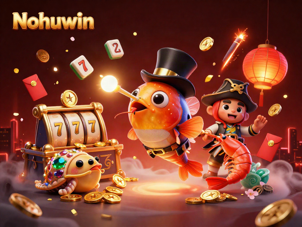 Nohuwin showcases a dynamic illustration featuring slots, a glowing anglerfish, and treasure amid festive elements.