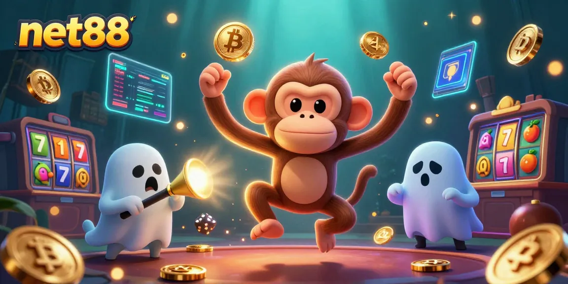 Engage with net88's thrilling haunted casino scene featuring a playful monkey and ghost-hunter puppy.