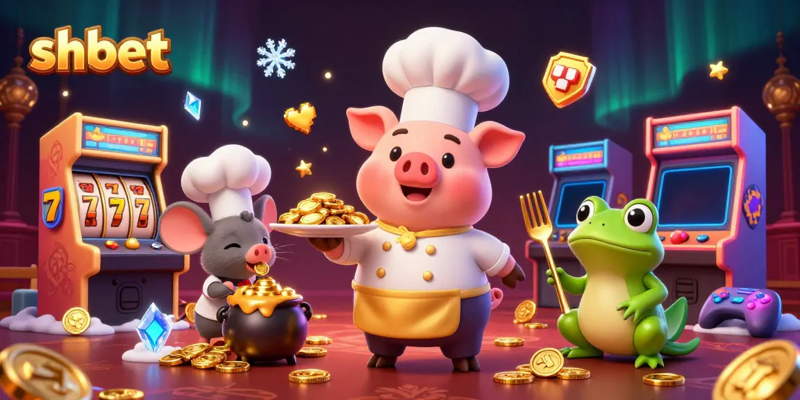 Engage with shbet as a chef pig serves gold coins, set in a casino-themed 3D illustration.