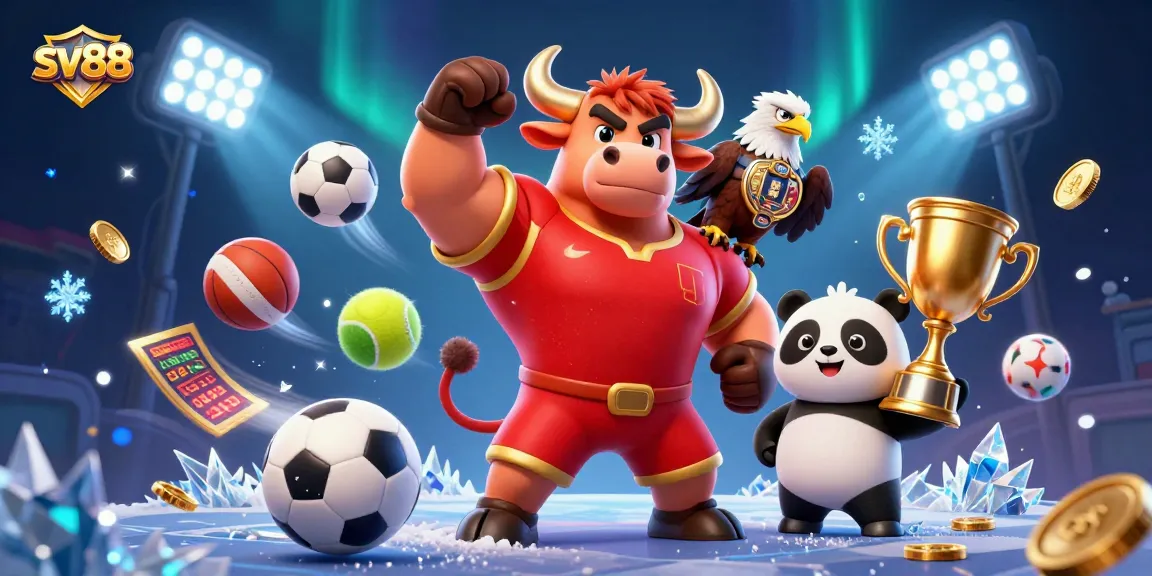 Celebrate wins at sv88 with a dynamic 3D illustration of a victory pose and casino elements.