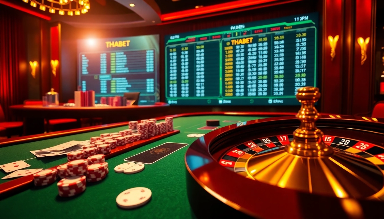 THABET players engaging in a casino experience with cards and chips on a vibrant table.