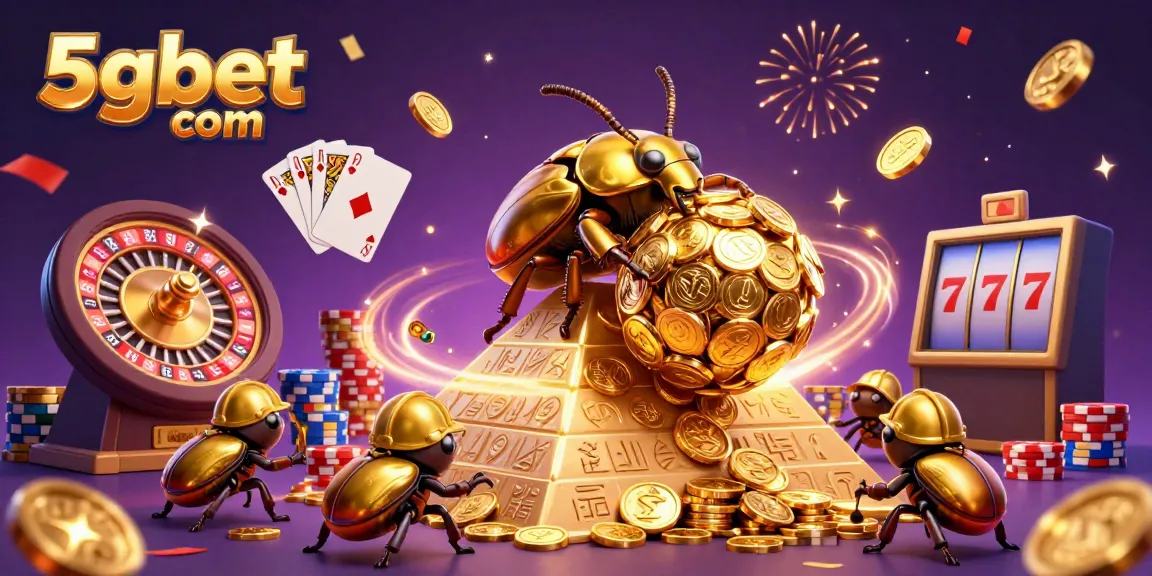 Experience thrilling action with 5gbet com as golden beetles roll coins while casino symbols burst with excitement.