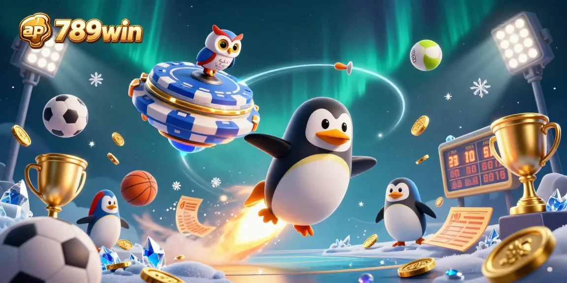 Engage with the exciting app 789win, featuring a golden penguin and vibrant casino elements in space.