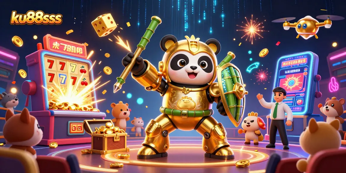 ku88sss sparks excitement with a golden panda in a vibrant casino showdown surrounded by stunning game elements